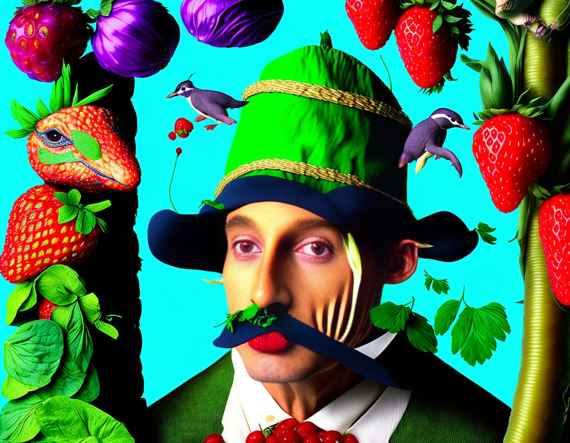 Vibrant collage: man with mustache in green hat, fruits, vegetables, bird on blue