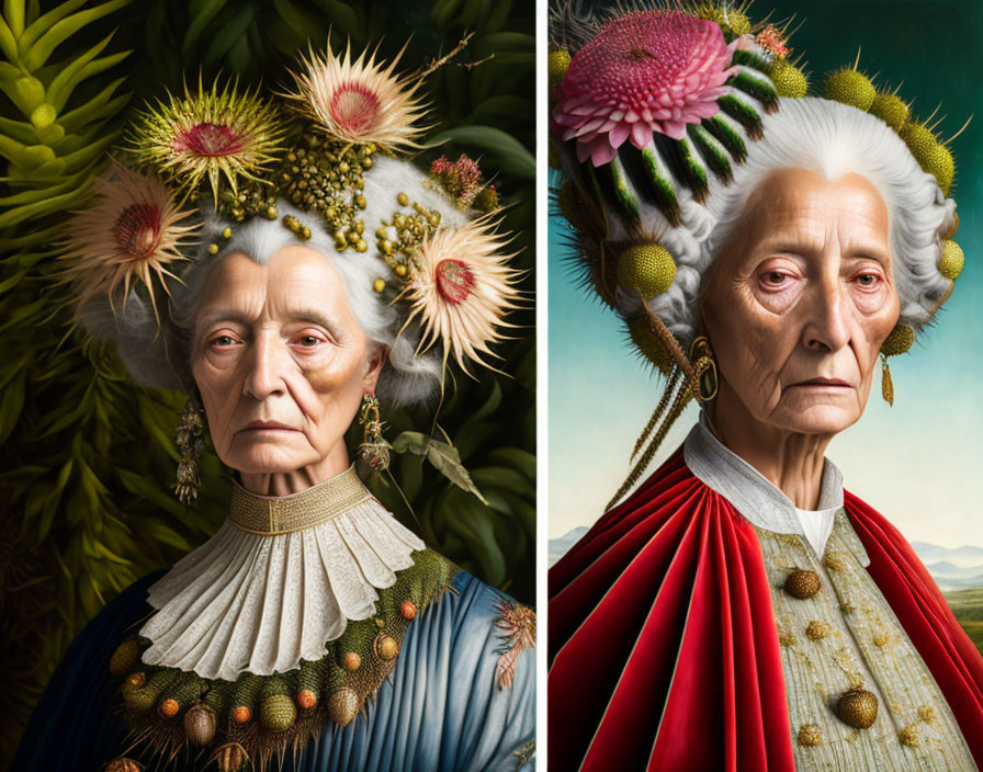 Elderly Woman Portraits with Botanical Headdresses & Nature Backdrops