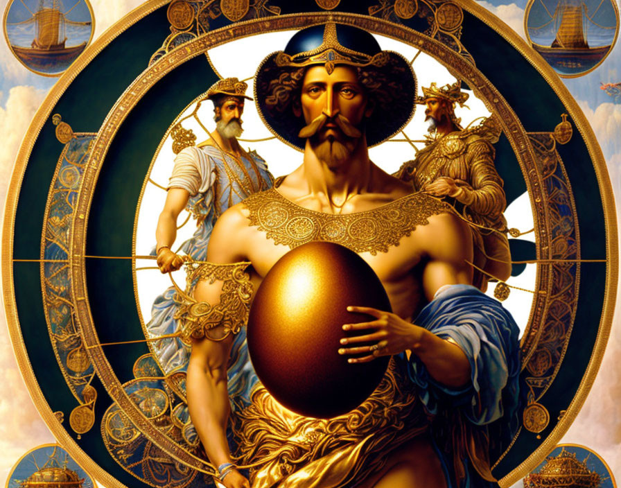 Classic Painting: Central Figure with Golden Egg, Ancillary Figures, Astrological Symbols