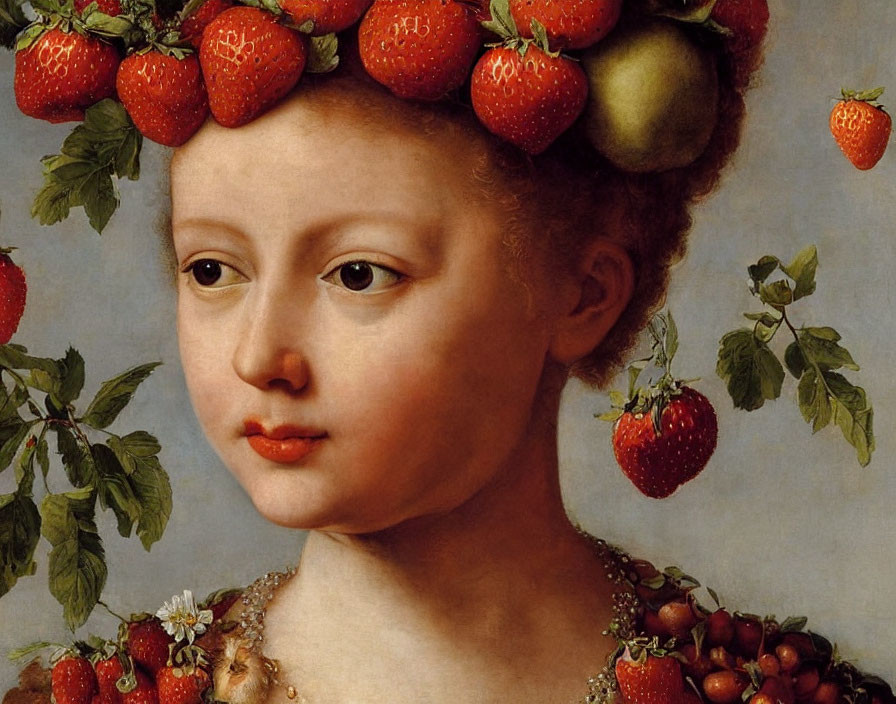 Classic Art Portrait of Young Woman with Strawberries and Leaves in Hair