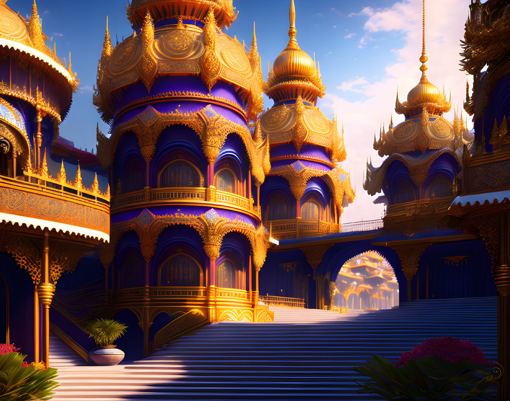 Luxurious fantasy palace with golden domes and grand staircase