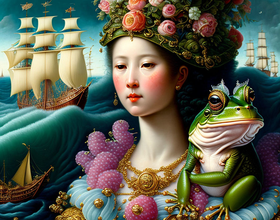 Surreal portrait with woman's face, nature, frog, ships, and floral hat