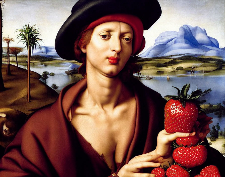 Red-hatted person with giant strawberries in serene landscape