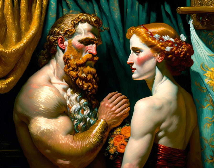 Classical-style painting: Muscular man with curly beard and fair-skinned woman with flowers, hands