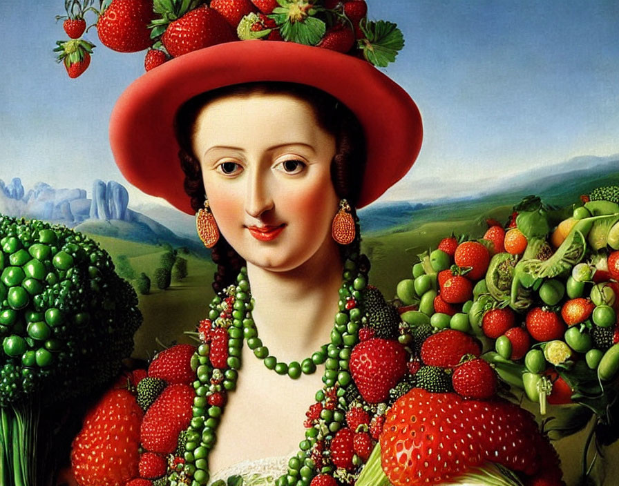 Woman adorned with fruits and vegetables in unique outfit.