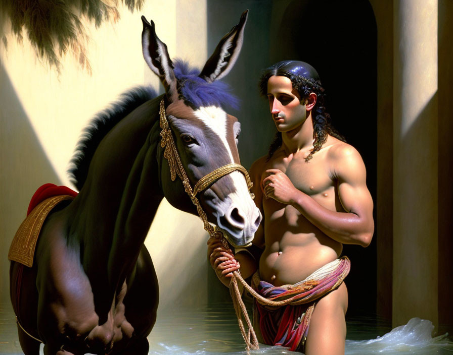 Shirtless man holding a donkey in a classical setting with dramatic lighting.