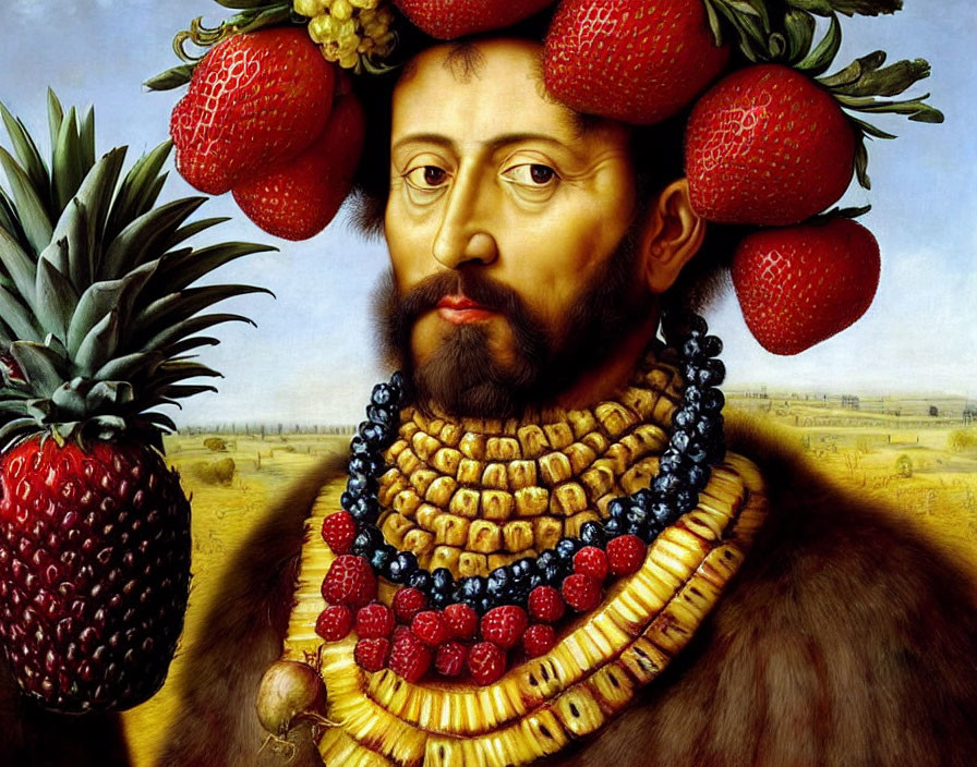 Man with Fruit-Laden Headdress in Classical Painting Style