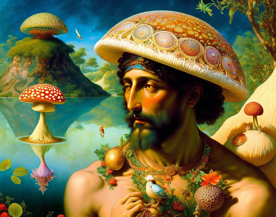 Surrealist painting featuring man with mushroom cap head in fantasy landscape