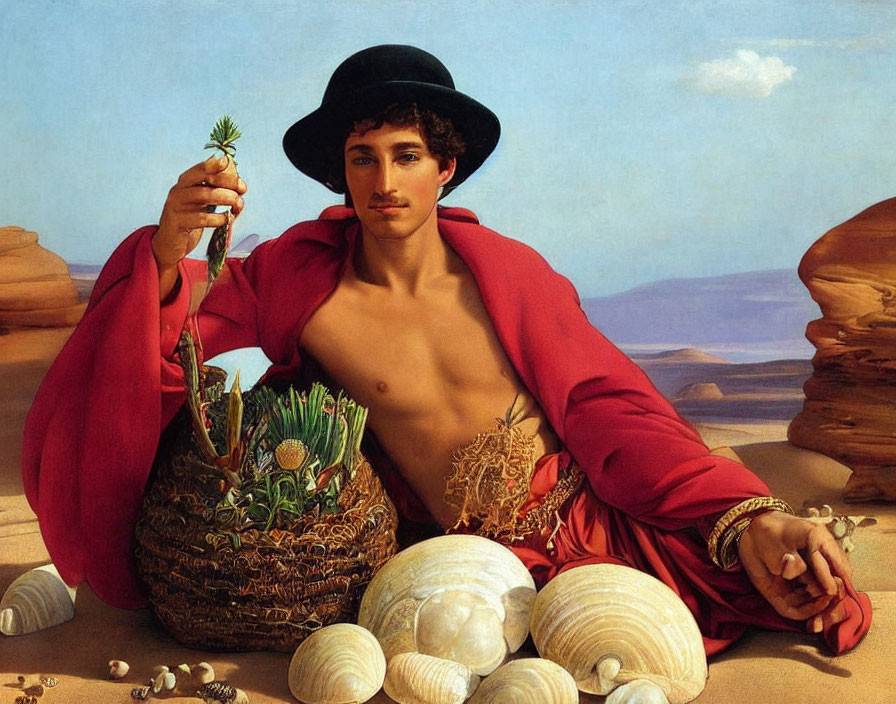 Young man in black hat and red cloak with green plant, artichokes, and seashells