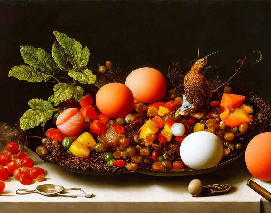 Classic Still Life Painting with Fruits, Nuts, Bird, and Oranges