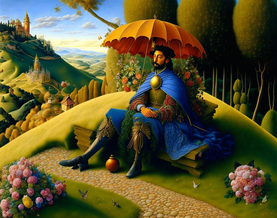 Whimsical painting of bearded man with umbrella on grassy hill