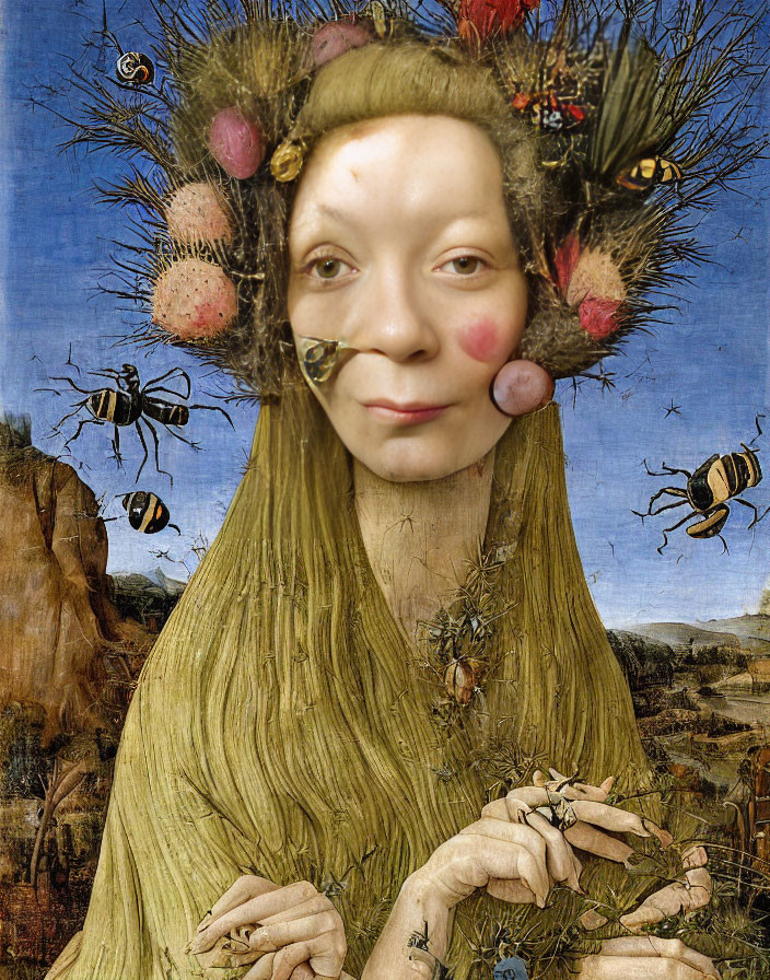 Surreal portrait blending human face with Bosch's style, showcasing nest headpiece, bees, and