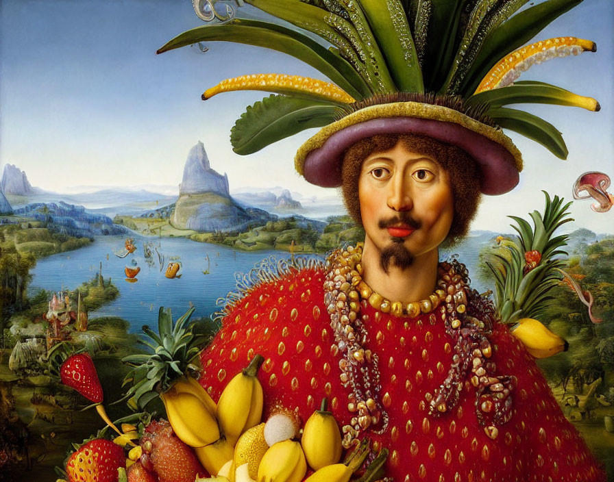 Person with Fruit and Plant Clothing in Surreal Landscape