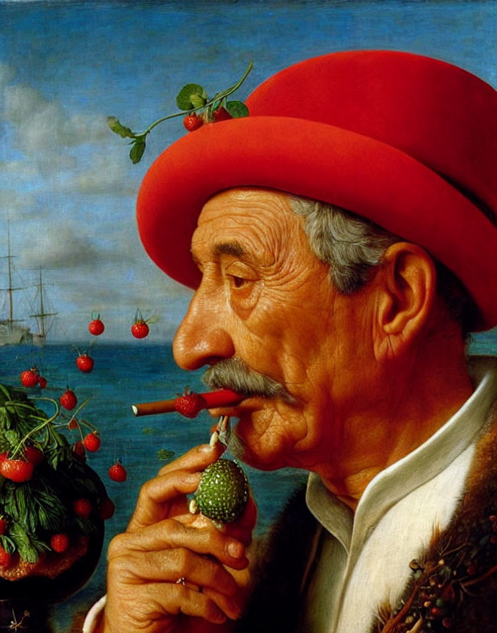 Portrait of older man with gray mustache, red hat, holding a strawberry, pipe in mouth,