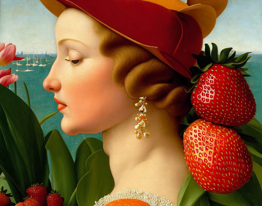 Portrait of a woman with red hat, golden earring, and strawberries against a seascape