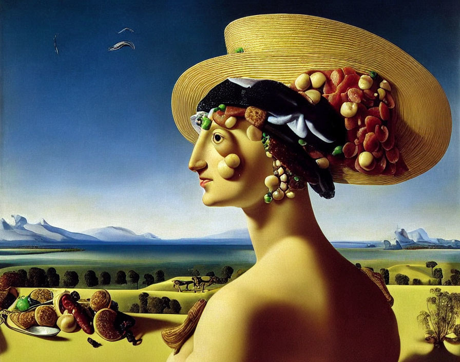 Surrealist painting of woman with fruit hat in landscape