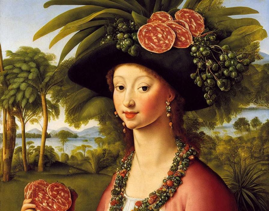 Woman with Meat Slices and Green Olives Holding Salami in Renaissance Landscape