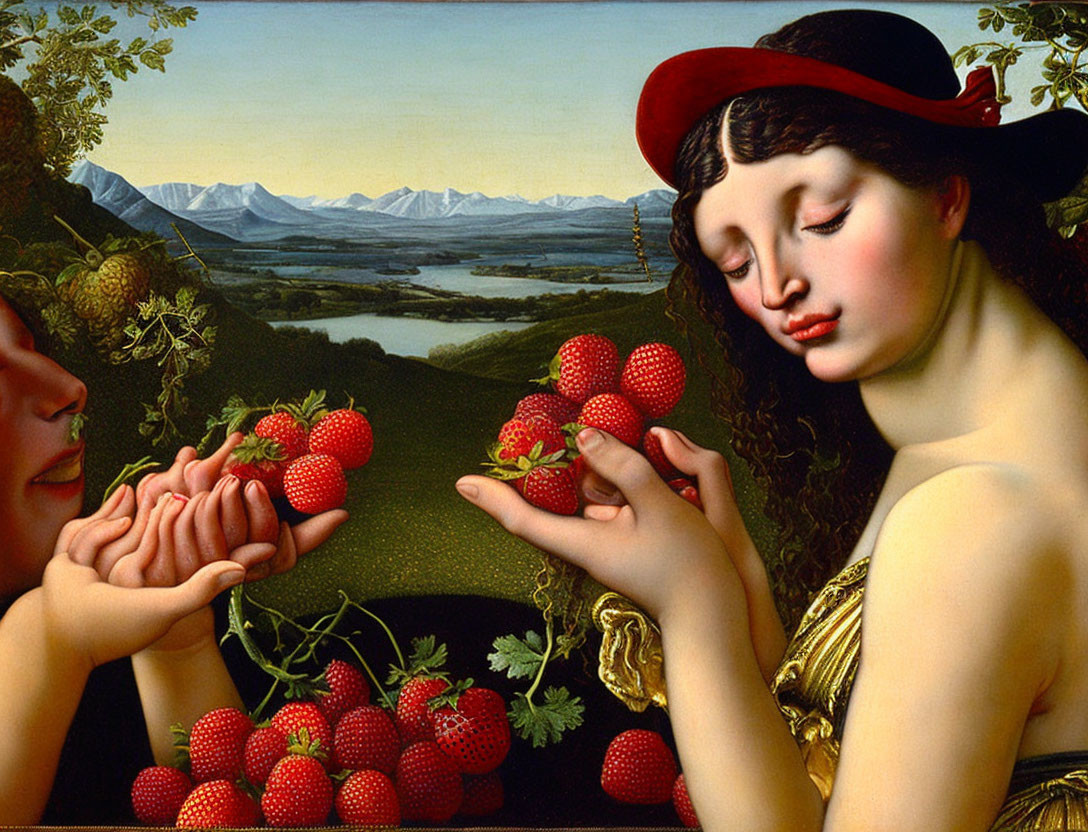 Renaissance-style painting with person receiving strawberries