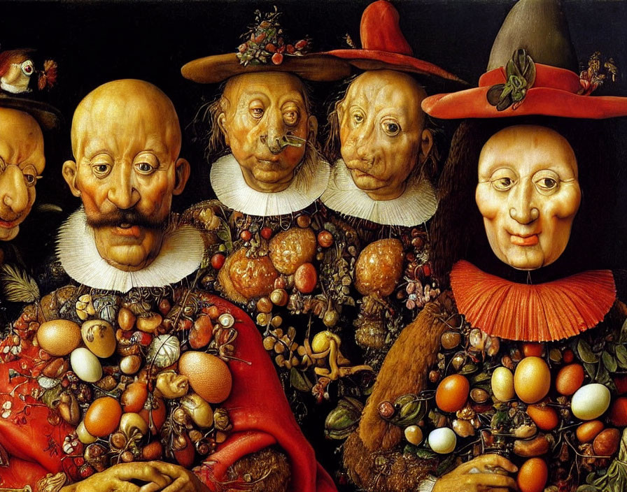 Surreal painting: Four figures with oversized moon-like heads, adorned with fruits, vegetables, and