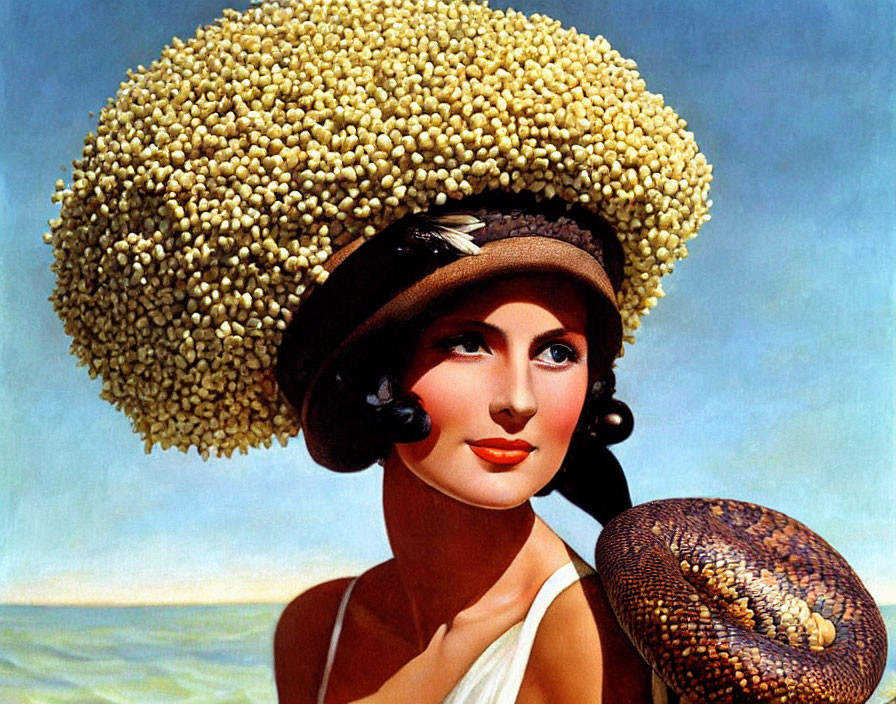 Vintage Illustration of Woman with Popcorn Hat and Feather Earrings