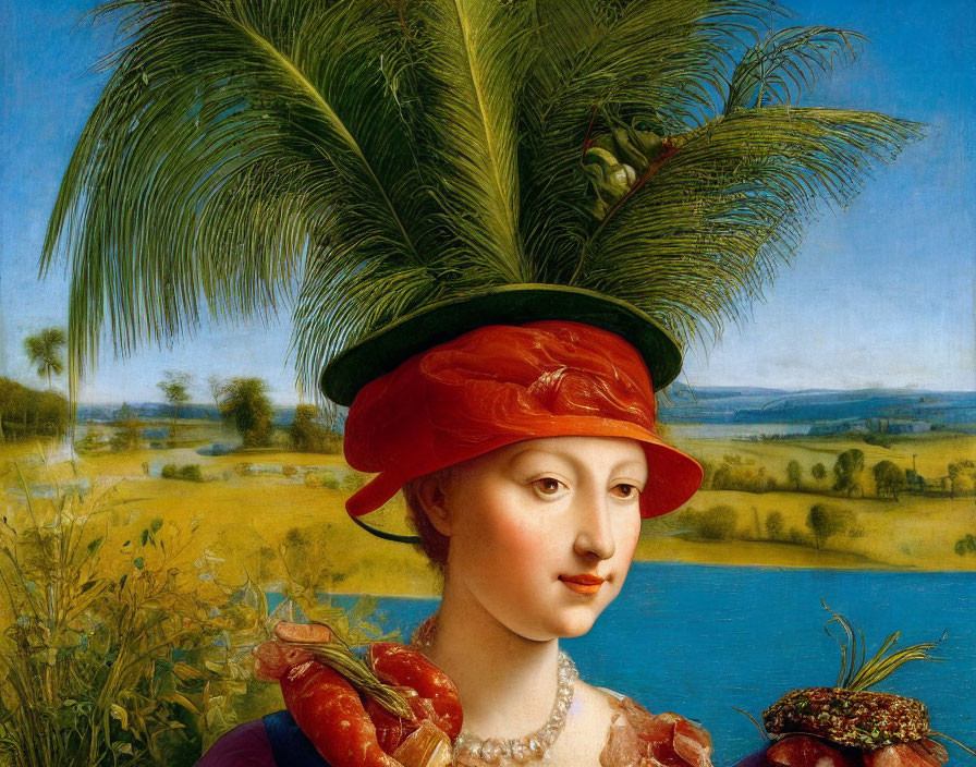 Woman in Red Hat with Green Feathers Against Scenic Landscape