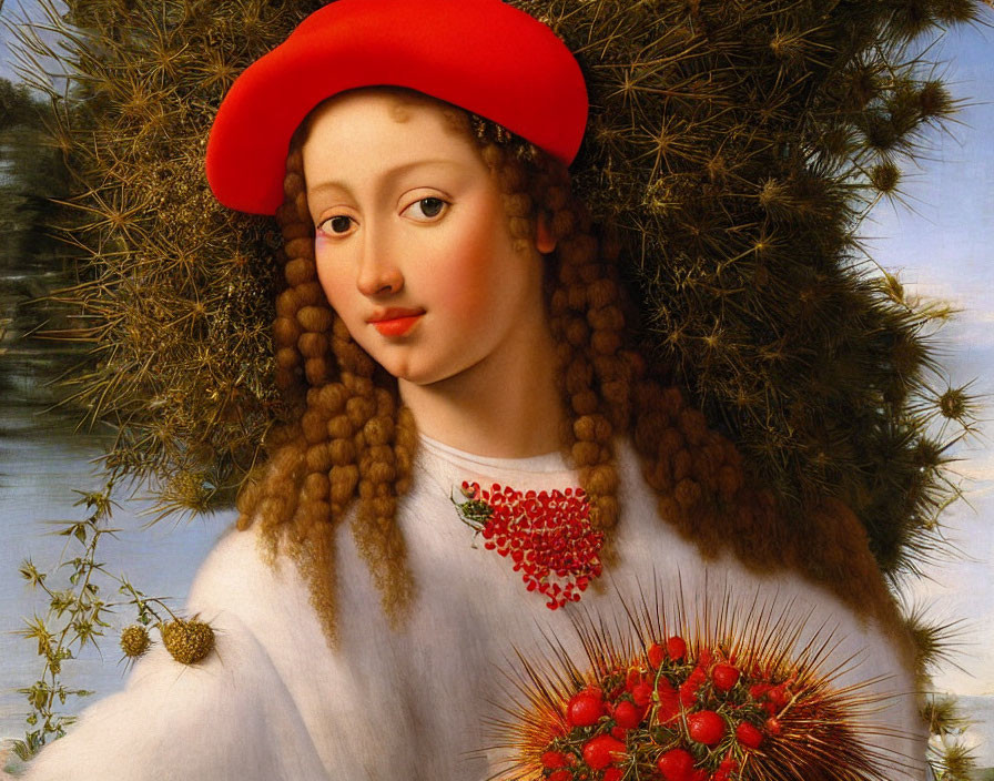 Classical portrait of fair-skinned woman in red hat and white dress