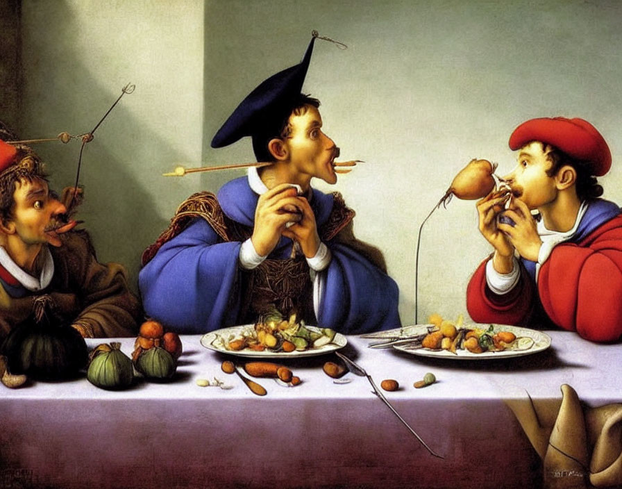 Renaissance figures in comical spaghetti-eating scene