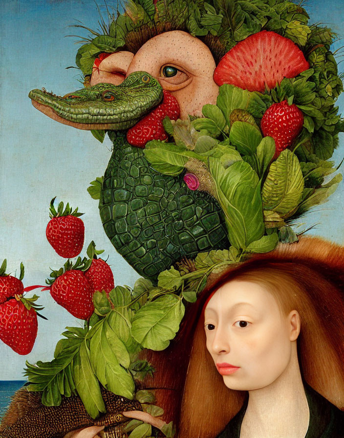 Surreal portrait of woman fused with fruit, foliage, and alligator