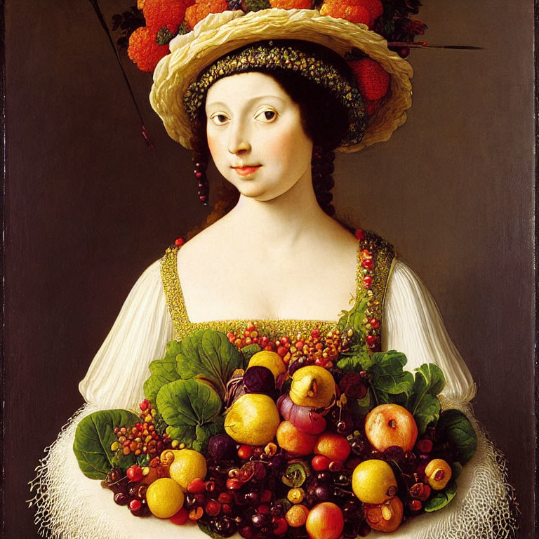 Woman in Fruit-Adorned Hat & Dress Painting Style