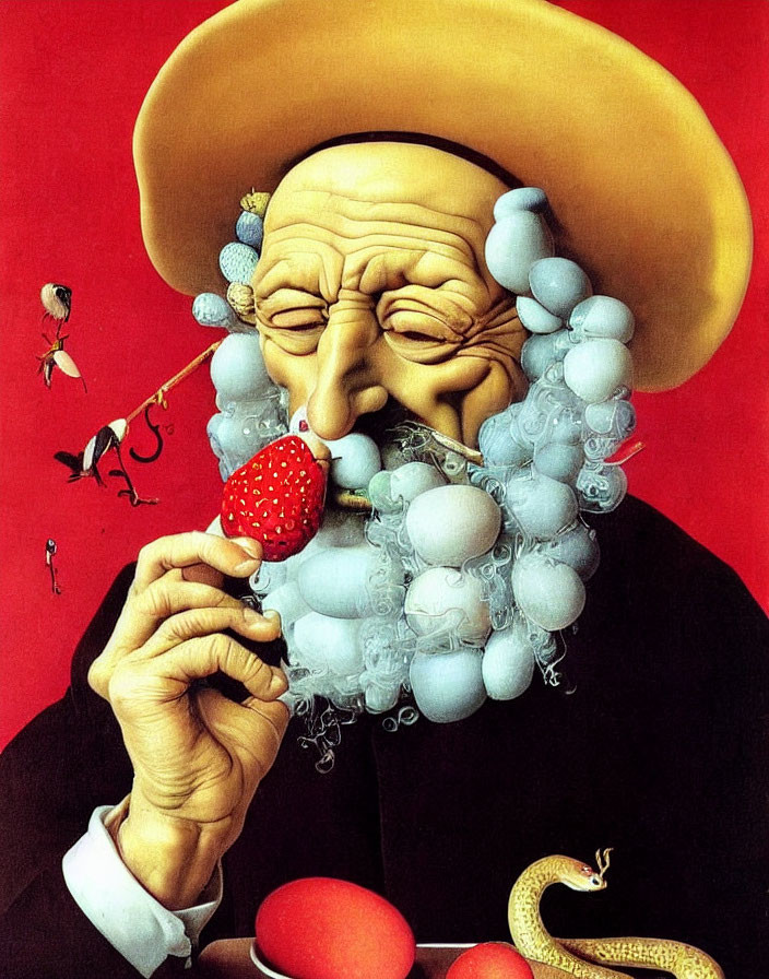 Elderly man with yellow hat and bubble beard holding a strawberry in surreal illustration