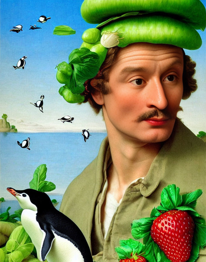 Surrealist digital collage: man with cucumber hat, penguin, flying penguins