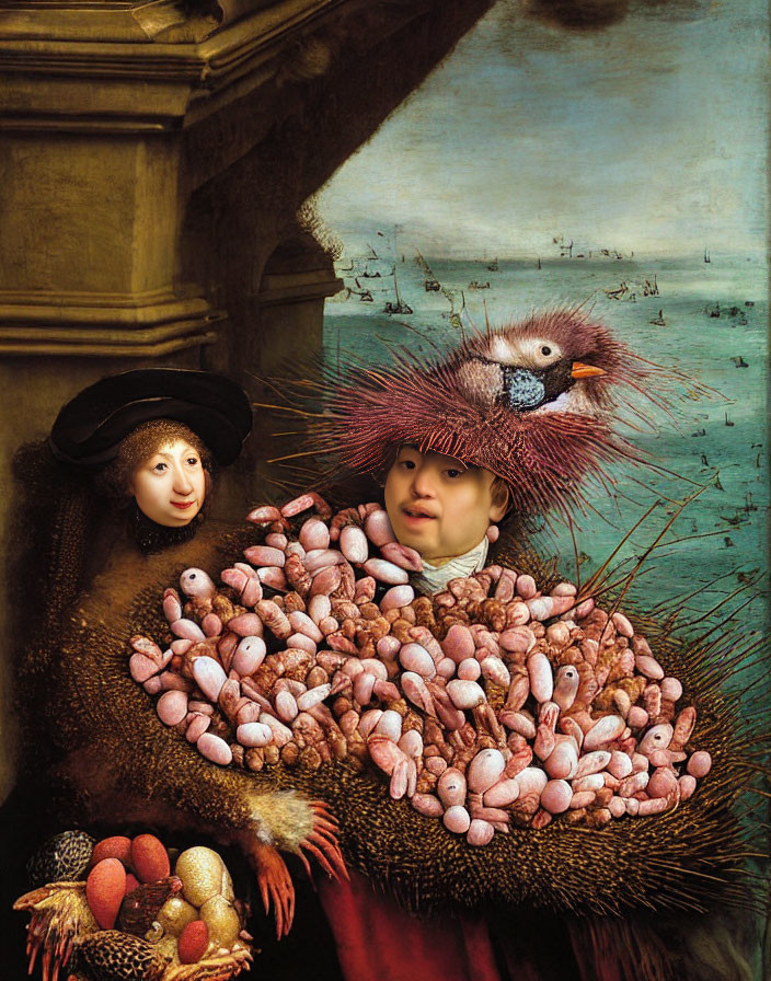 Composite surreal image: distorted faces, bean-covered body, oversized bird hat