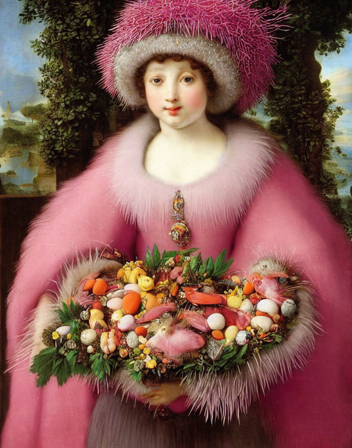 Young person in pink garment with fruits, flowers, and birds.