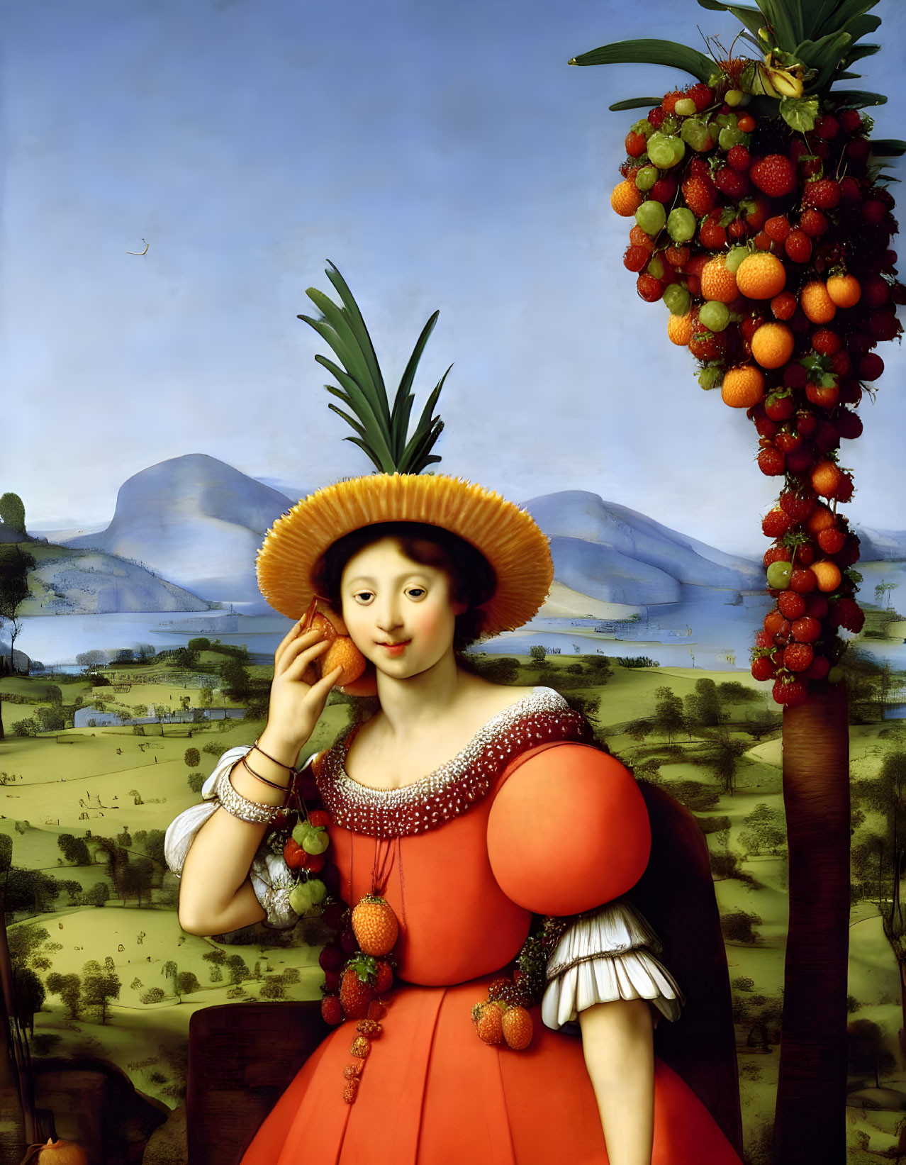 Portrait of a woman with fruit hat in fashion-themed landscape