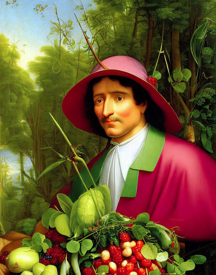 Colorful portrait of a man in pink hat with wide eyes, surrounded by fruits and vegetables in lush