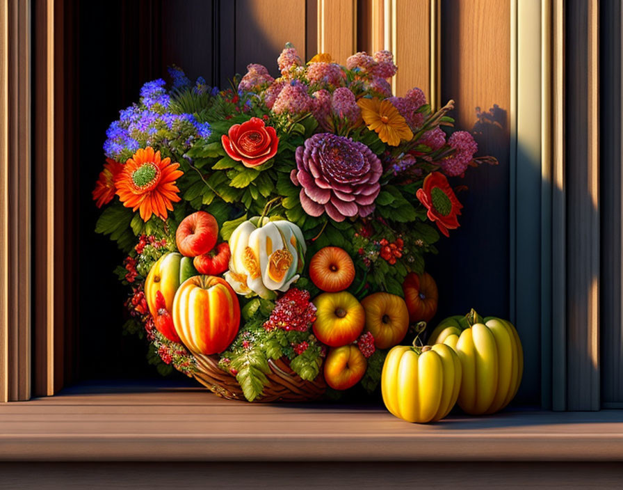 Colorful floral and fruit arrangement in wicker basket on wooden ledge with striped gourd