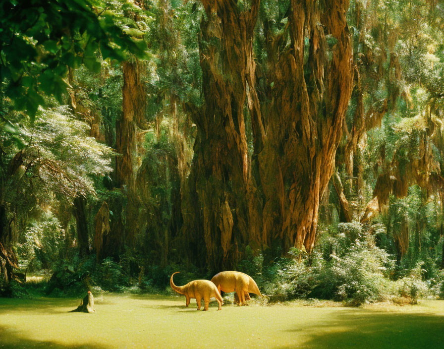 Dinosaurs grazing in ancient forest with tall trees