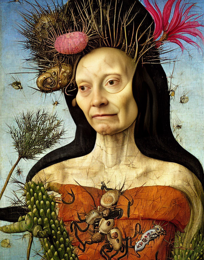 Surreal painting: Person with plants and insects against sky.