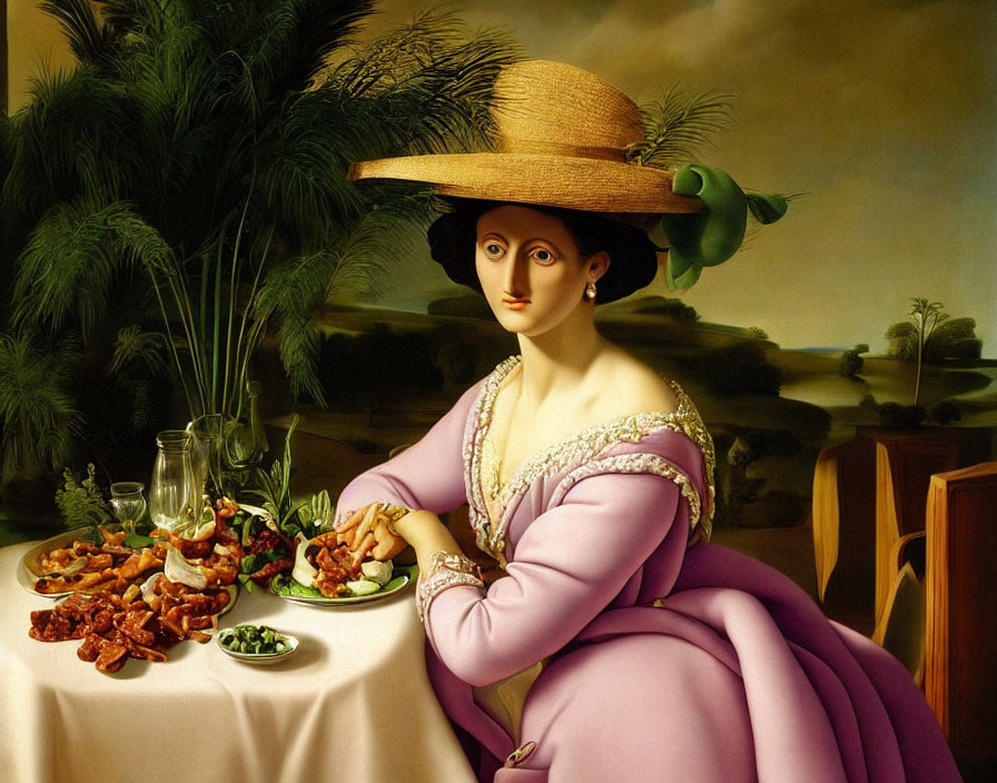 Classical portrait of woman in lavender dress and straw hat with fruits and wine glass.