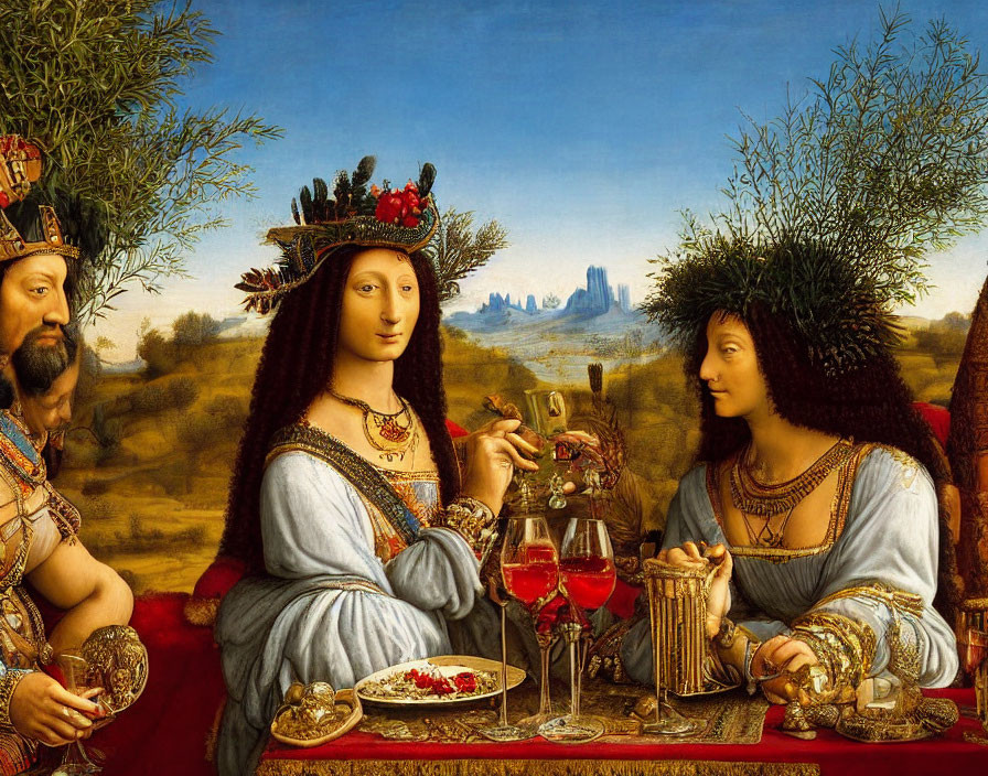 Renaissance painting with three figures at a table in a lush landscape