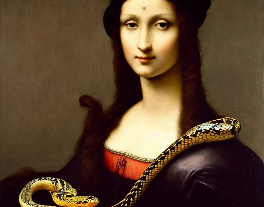 Portrait of Woman with Long Hair in Red Dress Altered with Python