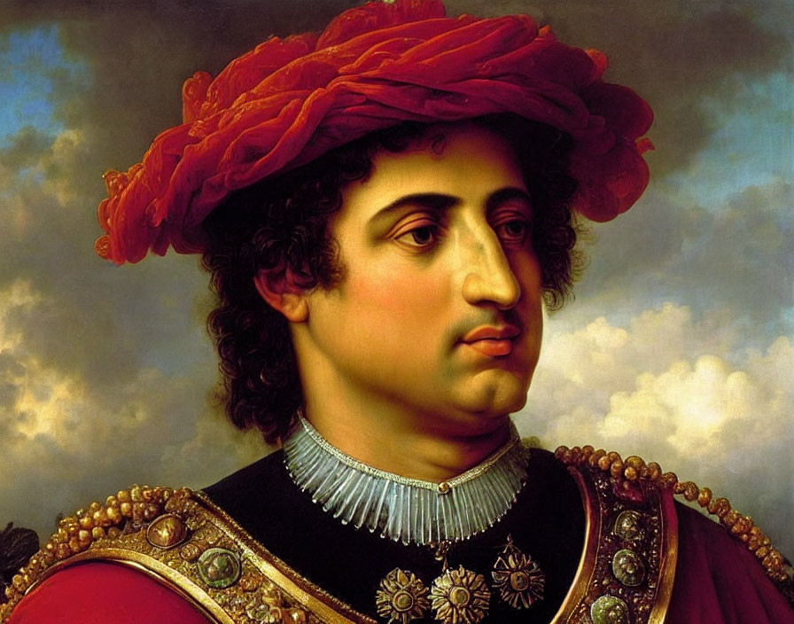 Classical portrait of man in red turban and ornate uniform against blue sky