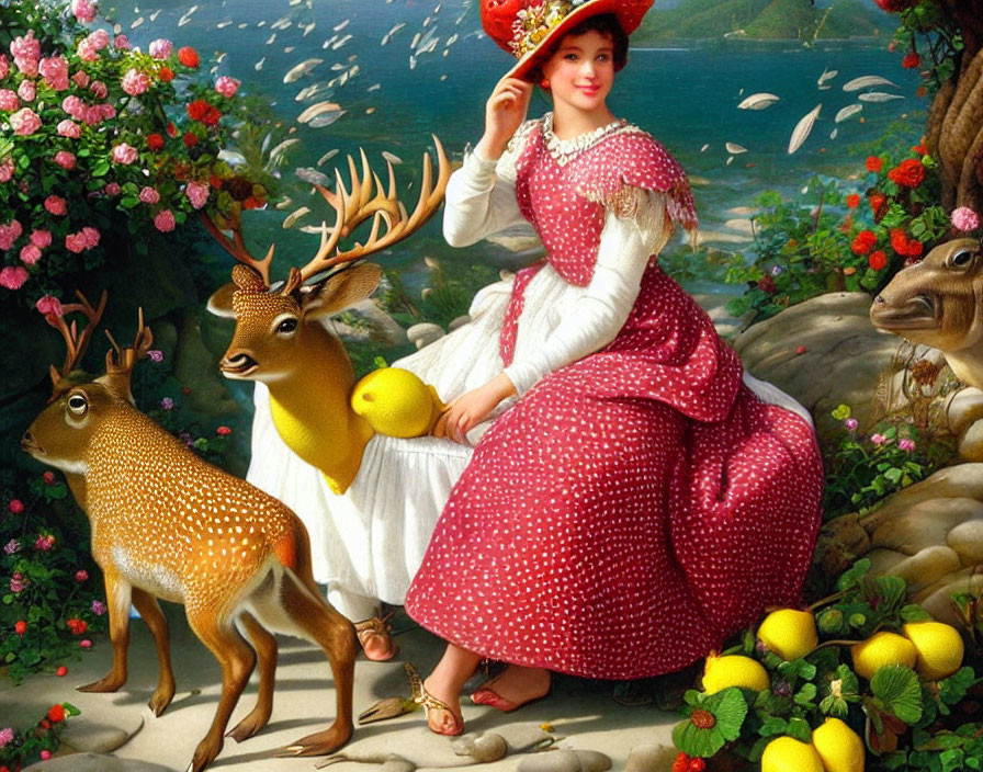 Woman in red polka-dot dress with lemons and deer in forest scene