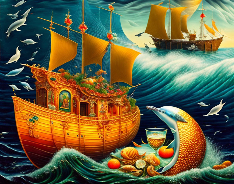 Mythical golden ship sailing turbulent ocean waves with giant dolphin