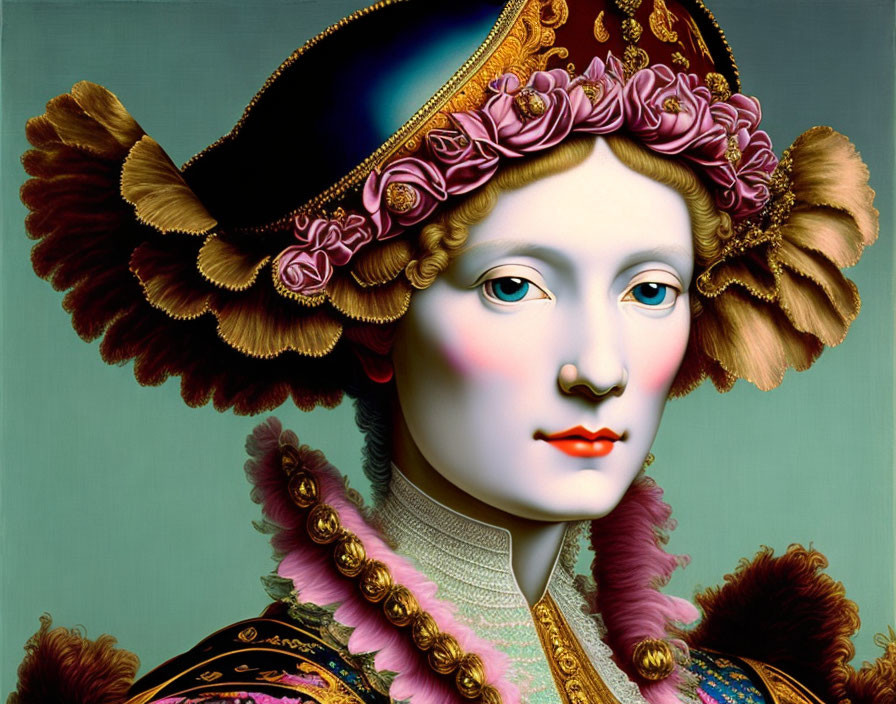 Digital art portrait blending historical and surreal elements with pale skin, decorative hat, and ornate clothing.