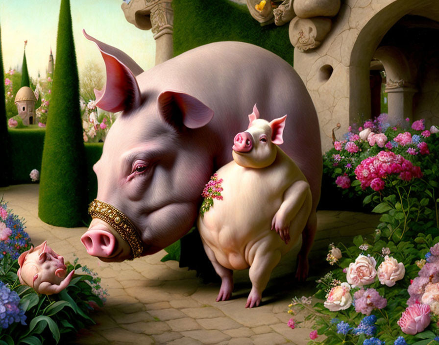 Anthropomorphic pigs painting in lush garden scene