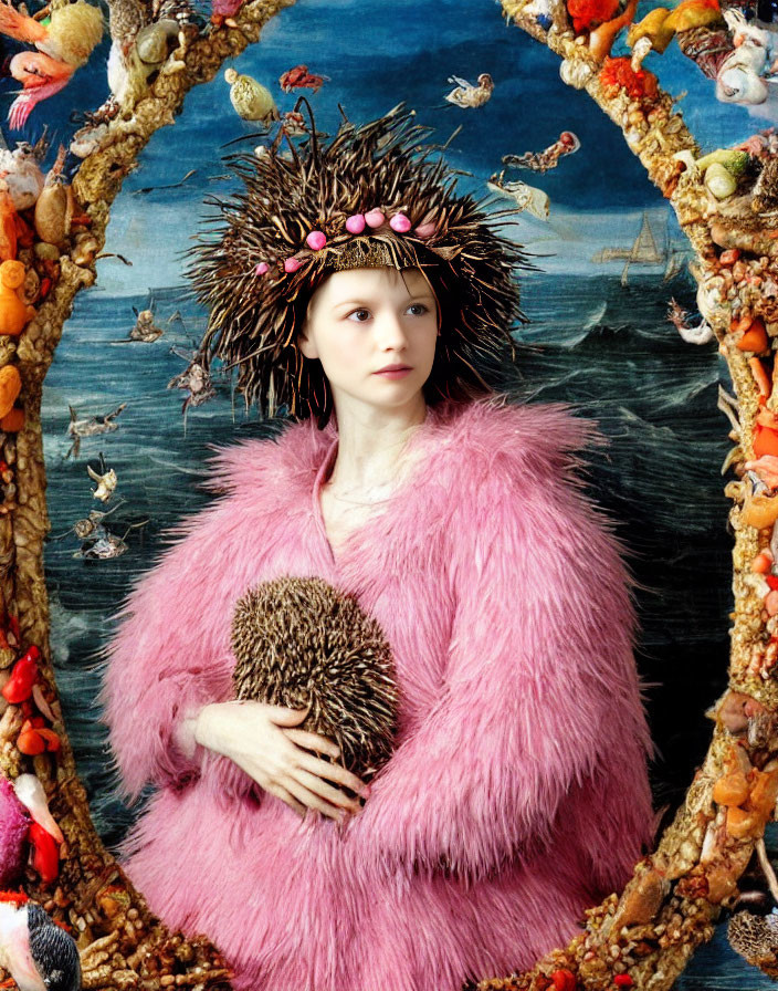 Person in Pink Furry Outfit with Flower Wreath and Hedgehog, Oval Frame with Marine