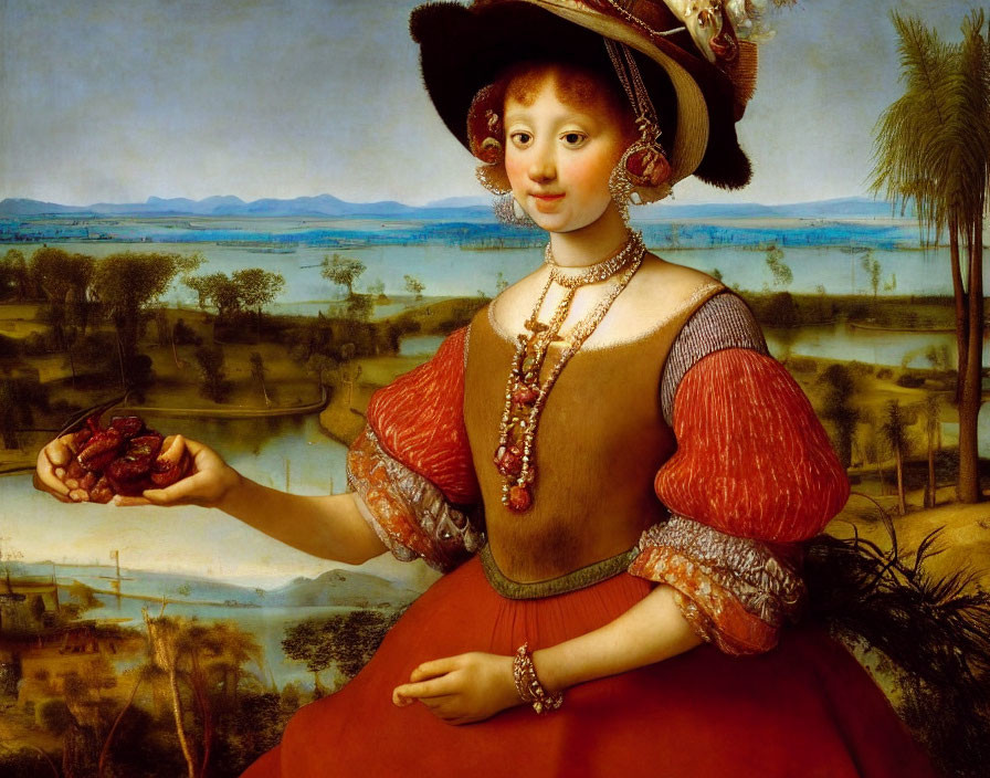 Renaissance-era painting of a woman with grapes in elegant attire