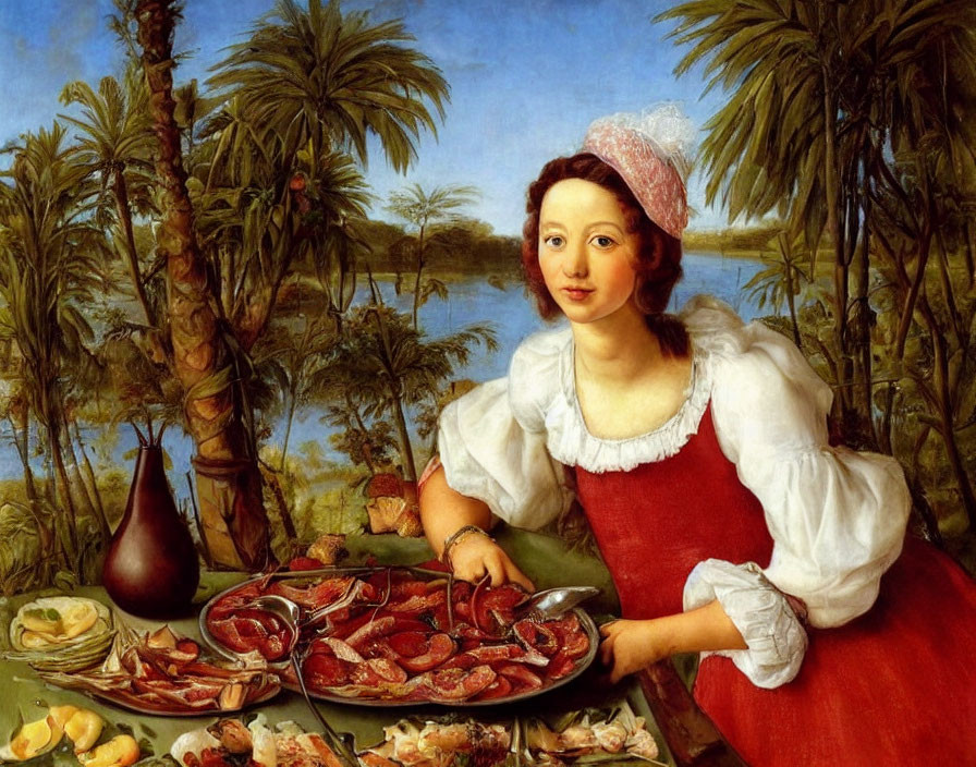 Classic Painting of Woman Serving Seafood in Red Dress