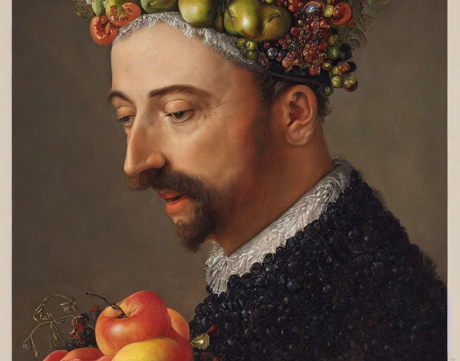 Man with Fruit-Topped Hat and Apples, Lace Collar Portrait